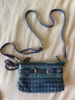 Yucca Blue Woven Leather Small Crossbody Wristlet Bag w/ Buckle Detail